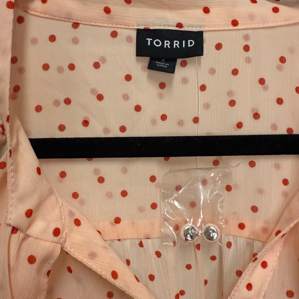 torrid Pink Polka Dot Tie-Neck Blouse with Red Dots - Picture 8 of 14